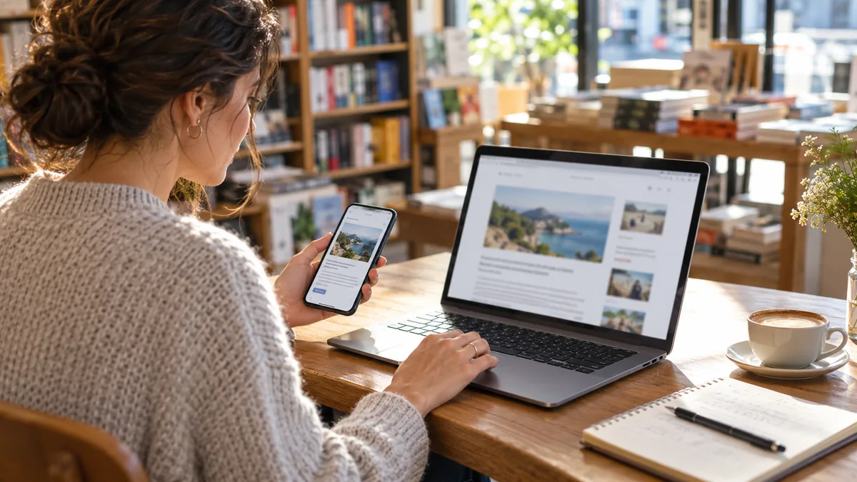 Woman preparing to share links on social media after checking an article