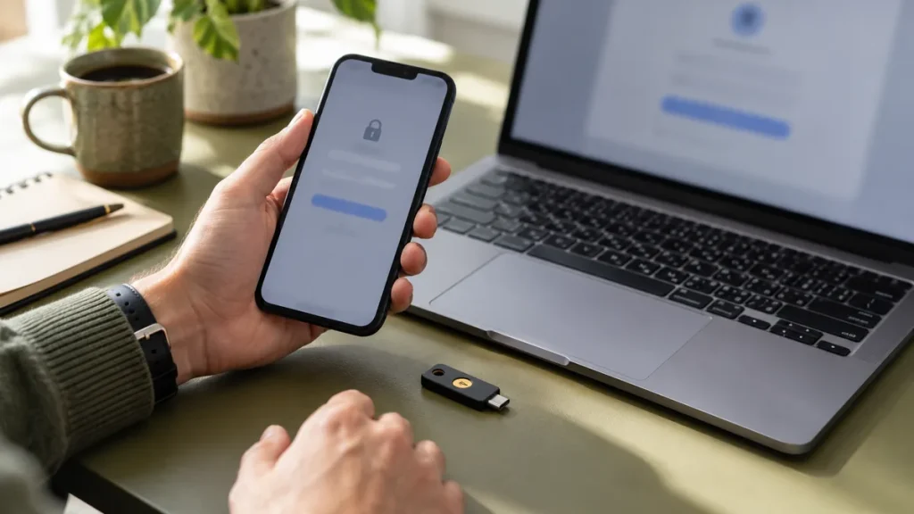 Phone and security key beside a social account security checklist