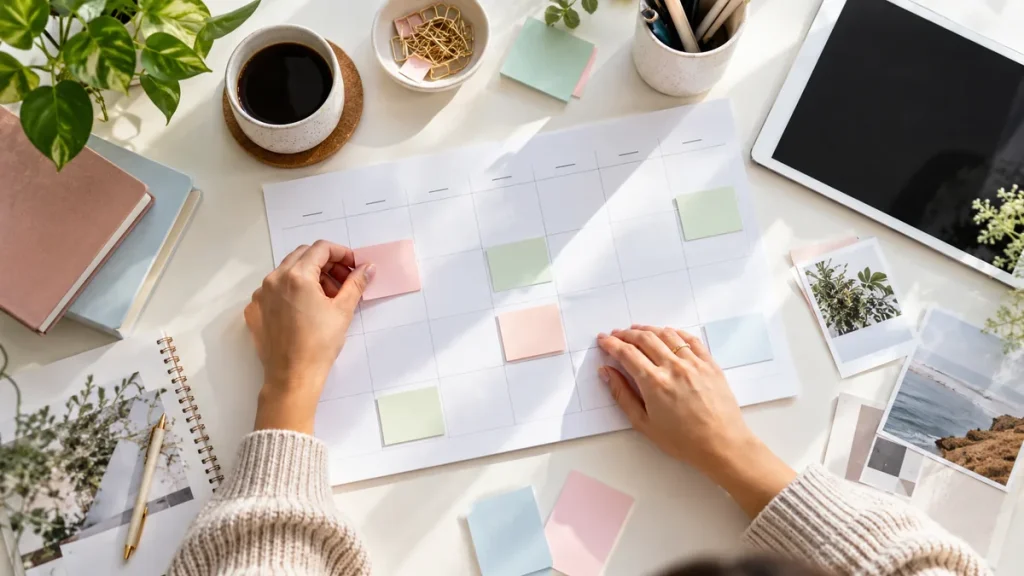 Hands arranging a social content calendar with blank planning cards