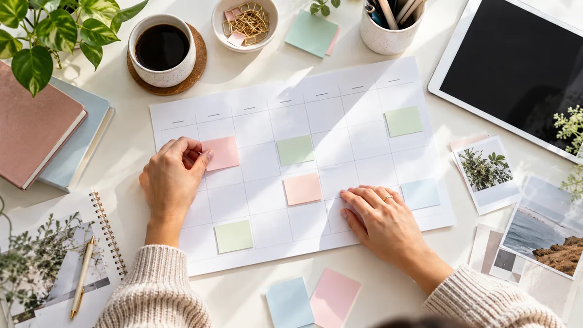Hands arranging a social content calendar with blank planning cards