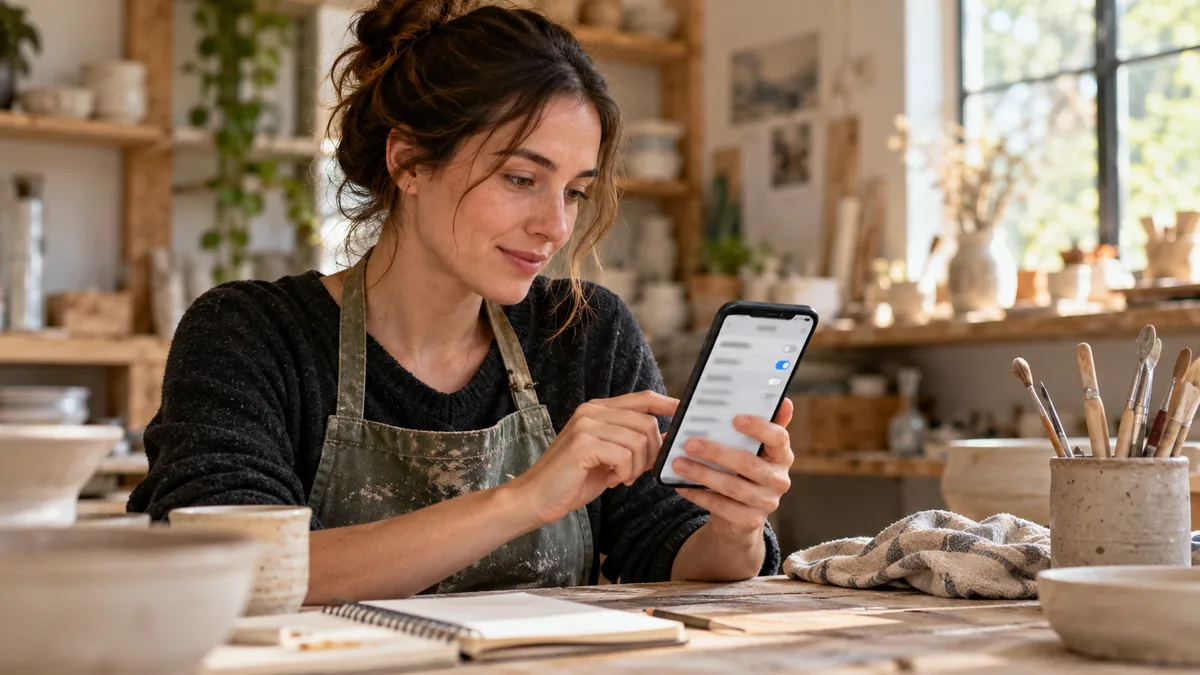 Woman reviewing social media notification settings in a workshop