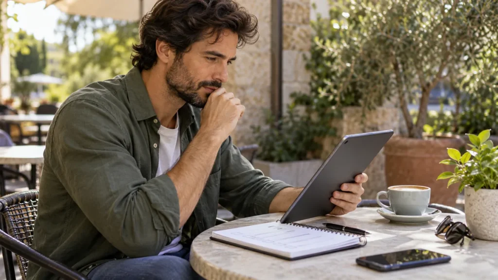 Man reviewing a social media post checklist beside a tablet