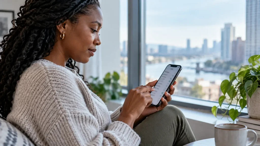 Woman using a social media privacy checklist on her phone