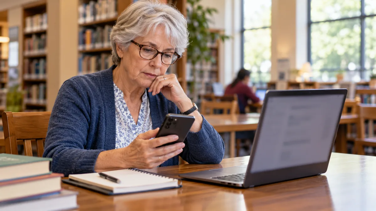 Woman reviewing suspicious social media links with a phone and laptop